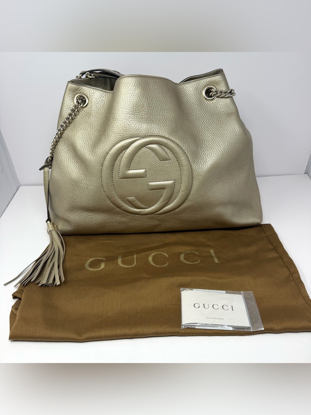 Gucci Soho Gold Pebbled Leather Double Chain Shoulder Bag Purse Handbag $2,200